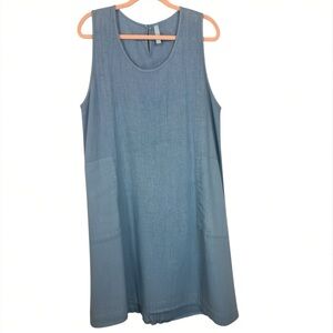 Homefrocks L Blue 100% Linen Scoop Neck Sleeveless Dress Lagenlook w/pockets